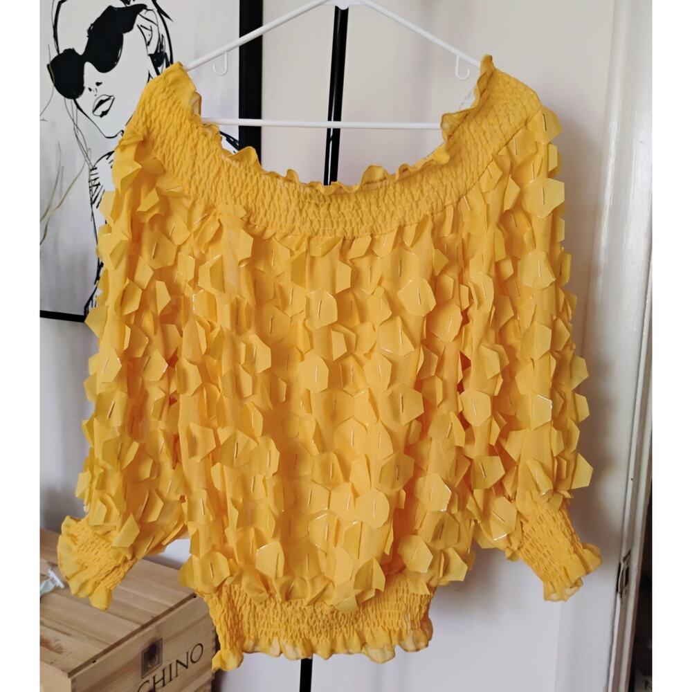 Canary Yellow XL Feathered Off The Shoulder Peasant Blouse. Unique. Carnival.